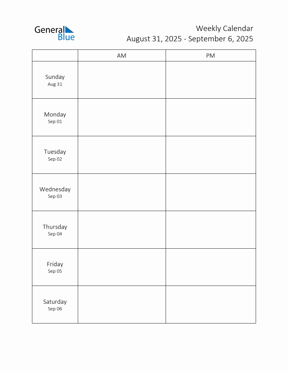 Weekly Schedule Template with AM and PM Week of August 31, 2025