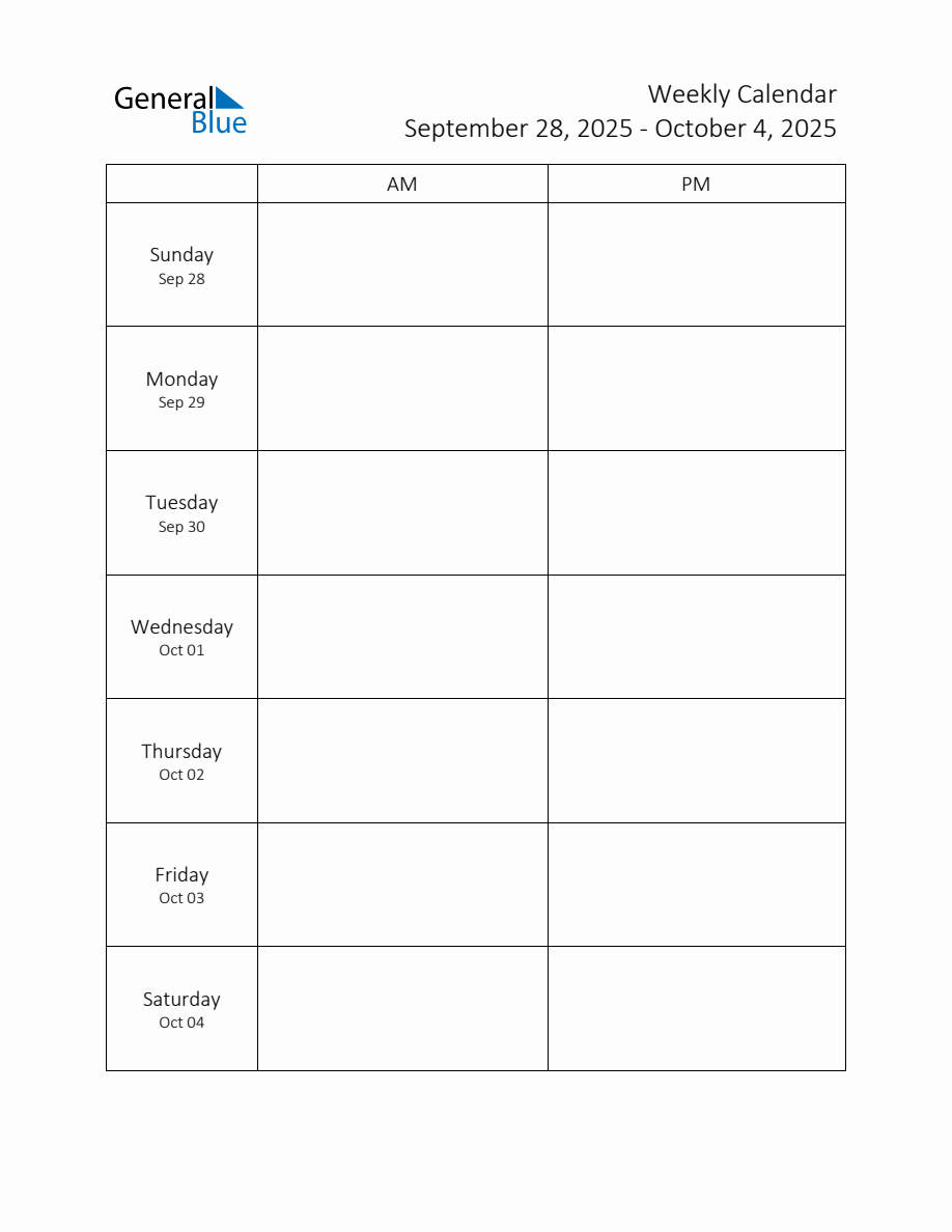 Weekly Schedule Template with AM and PM Week of September 28, 2025