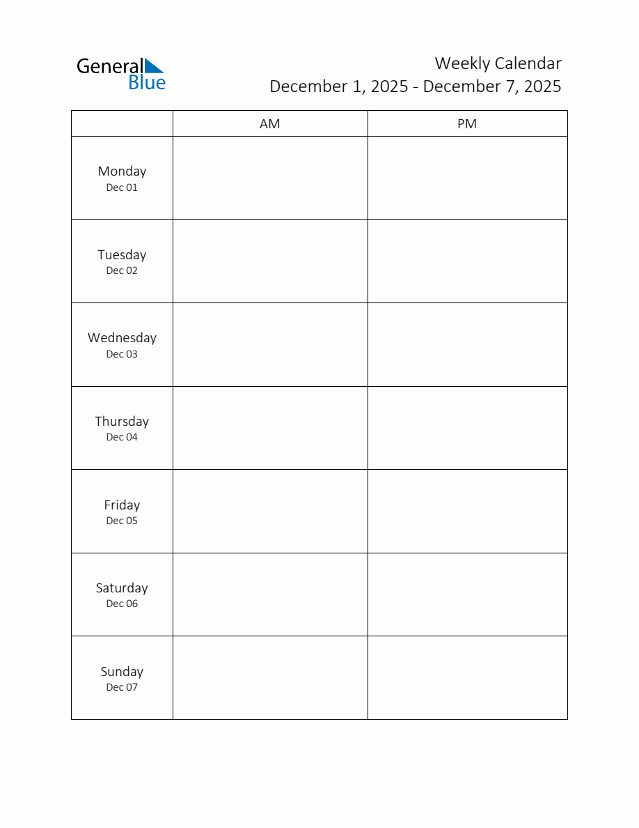 Weekly Schedule Template with AM and PM Week of December 1, 2025