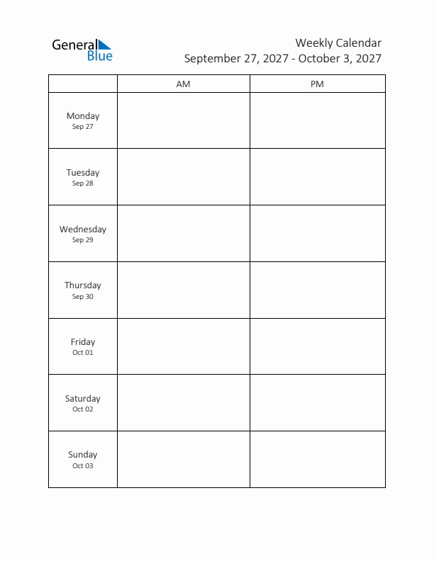 AM-PM Weekly Calendar Template (Week 39 of 2027)