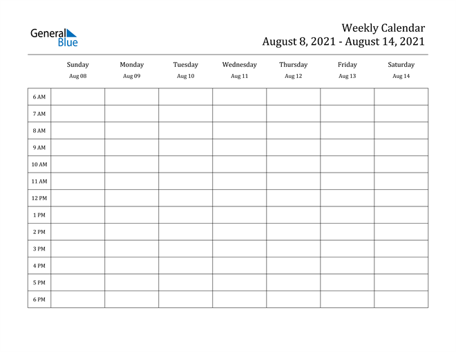 Weekly Calendar August 8 2021 To August 14 2021 Pdf Word Excel