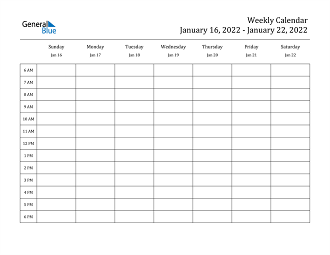 Free Printable Appointment Calendar 2022 Weekly Calendar - January 16, 2022 To January 22, 2022 - (Pdf, Word, Excel)