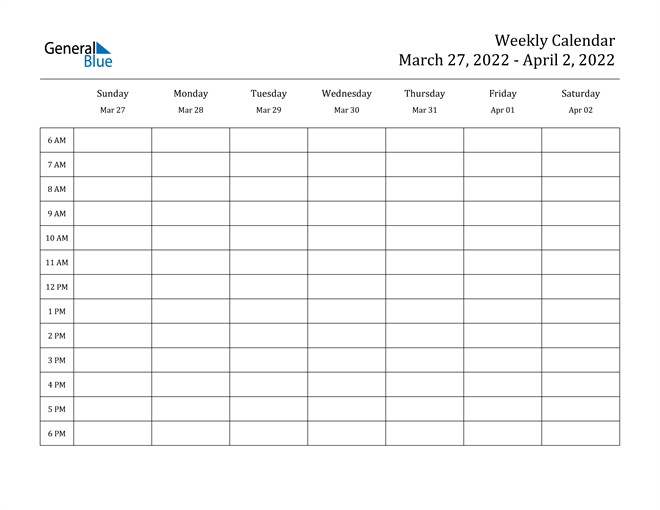 weekly calendar march 27 2022 to april 2 2022 pdf word excel