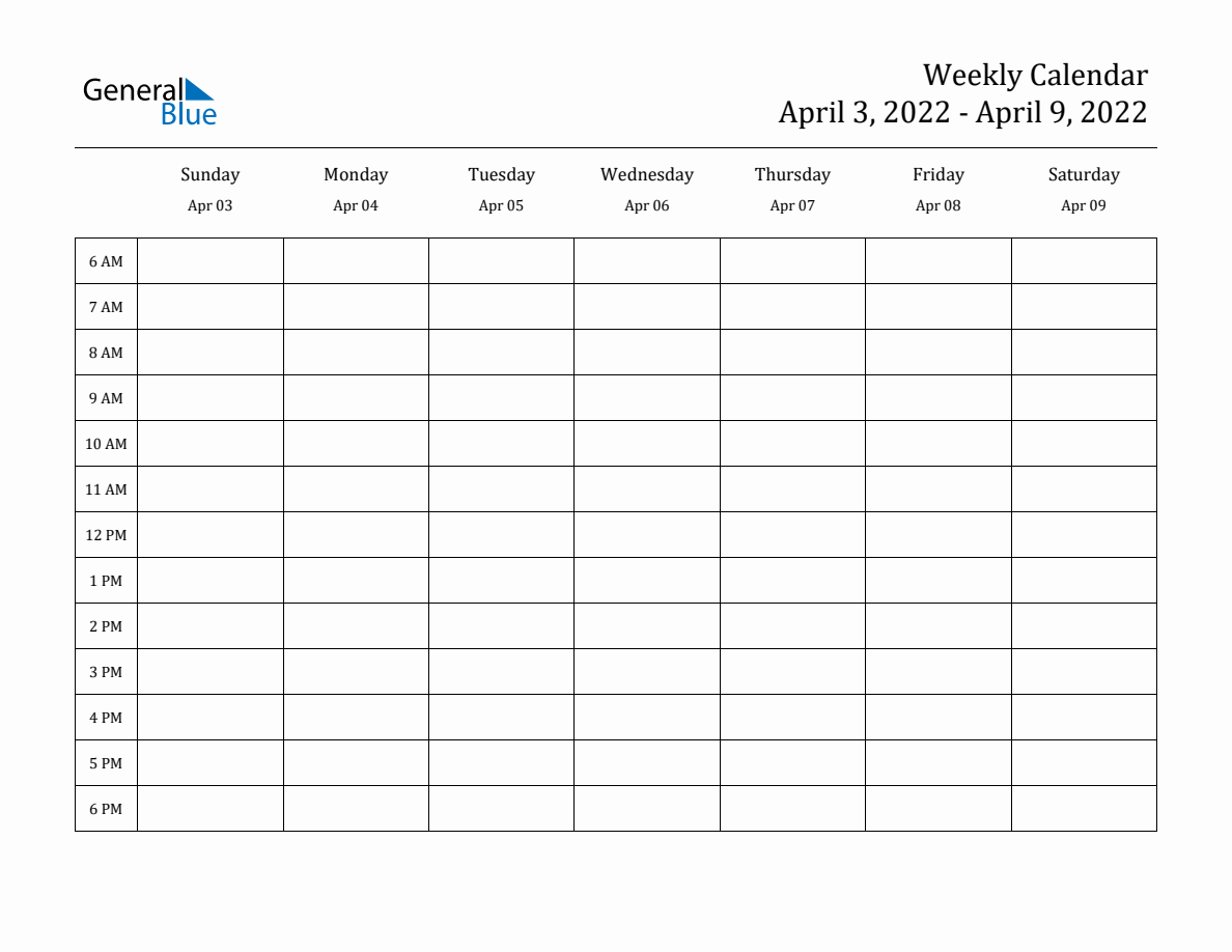 Weekly Calendar - April 3, 2022 to April 9, 2022 - (PDF, Word, Excel)