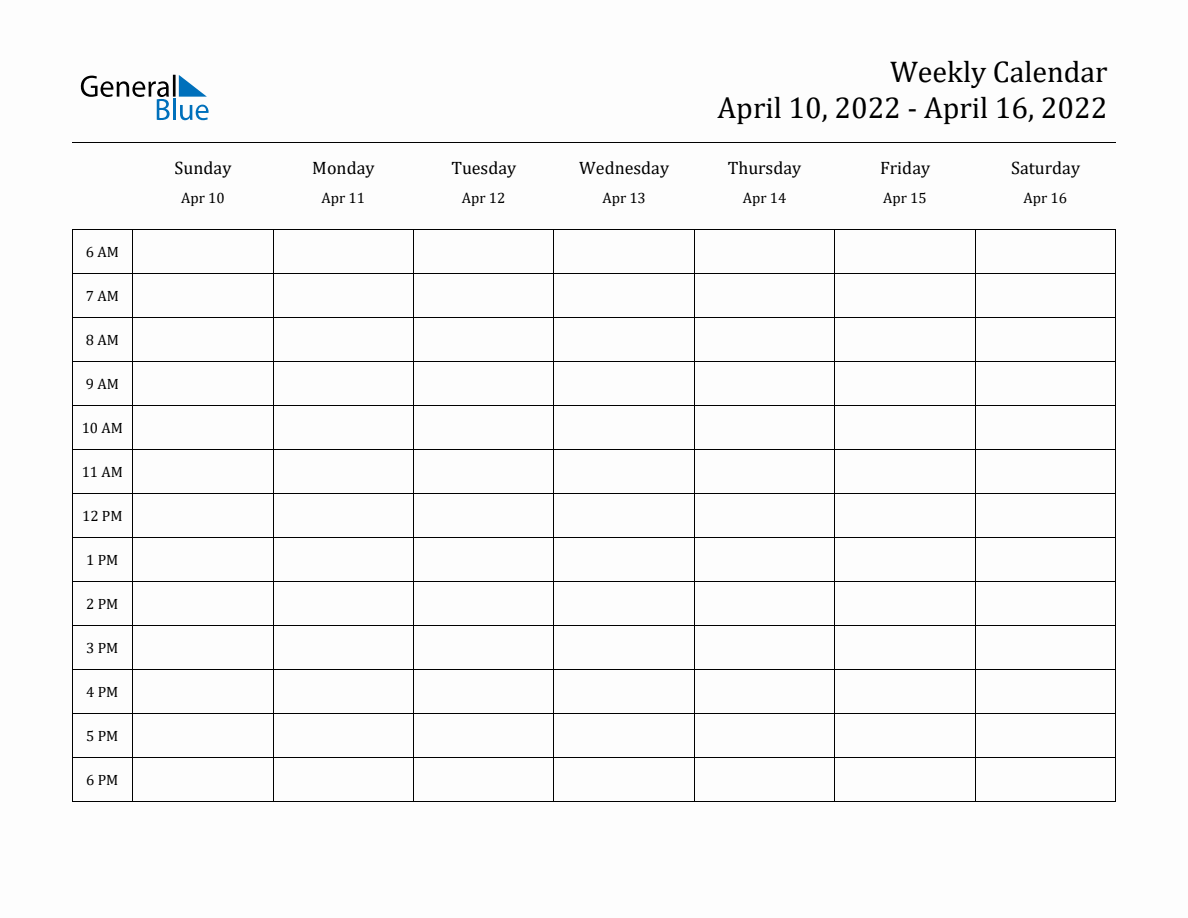 Weekly Calendar - April 10, 2022 to April 16, 2022 - (PDF, Word, Excel)