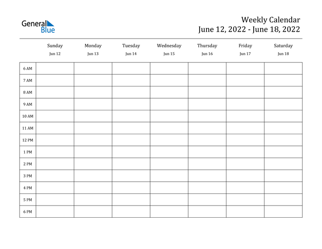 Weekly Calendar - June 12, 2022 To June 18, 2022 - (Pdf, Word, Excel)