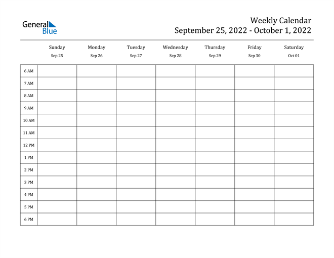 Weekly Calendar - September 25, 2022 to October 1, 2022 - (PDF, Word