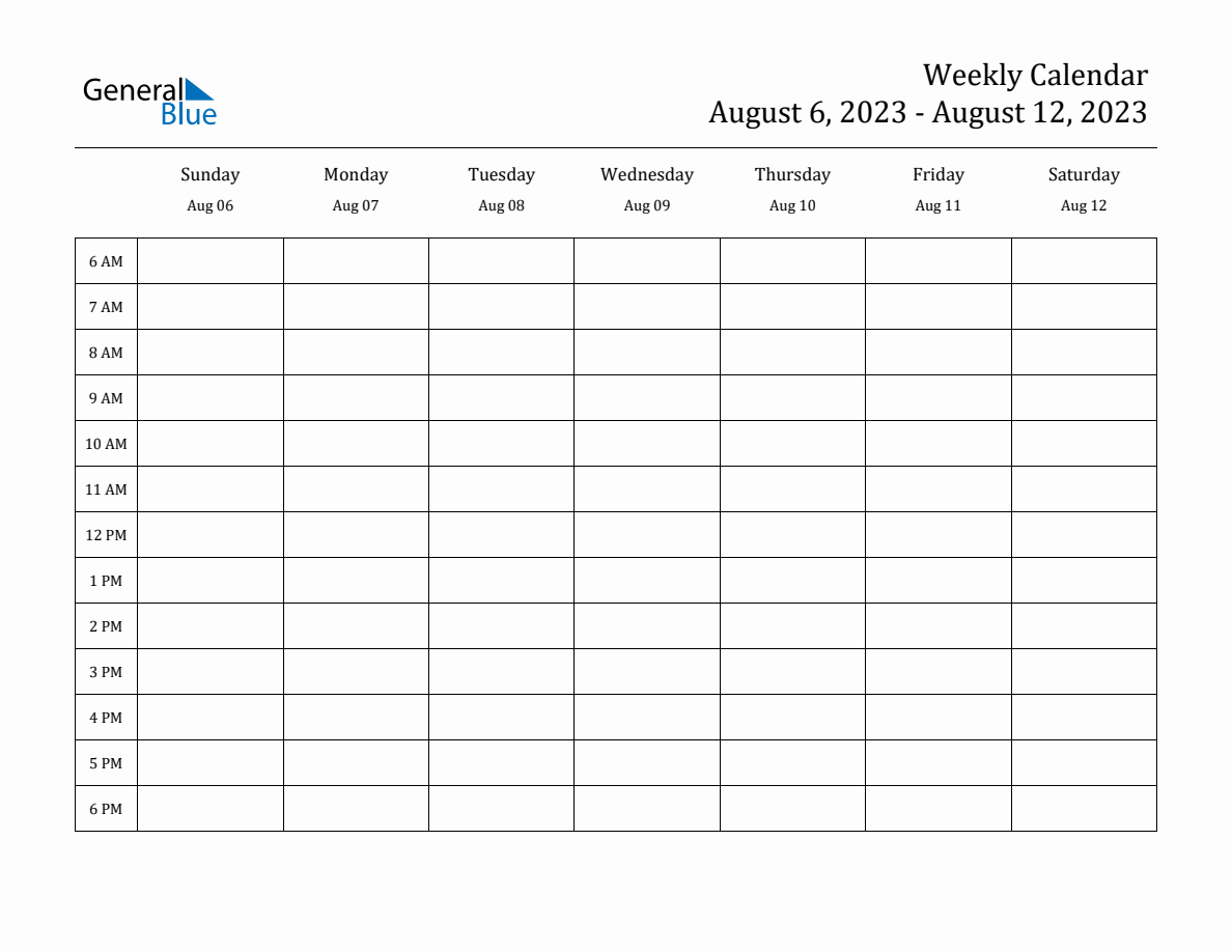 Weekly Calendar August 6, 2023 to August 12, 2023 (PDF, Word, Excel)