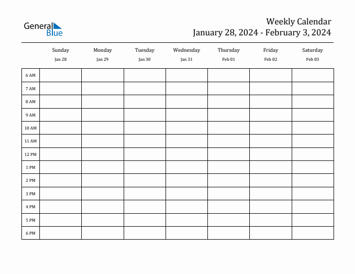 Weekly Calendar January 28, 2024 to February 3, 2024 (PDF, Word, Excel)