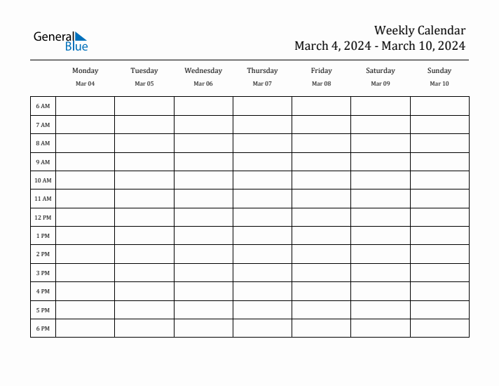 Weekly Calendar with Monday Start for Week 10 (March 4, 2024 to March