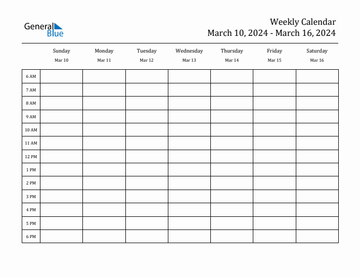 Weekly Calendar March 10, 2024 to March 16, 2024 (PDF, Word, Excel)