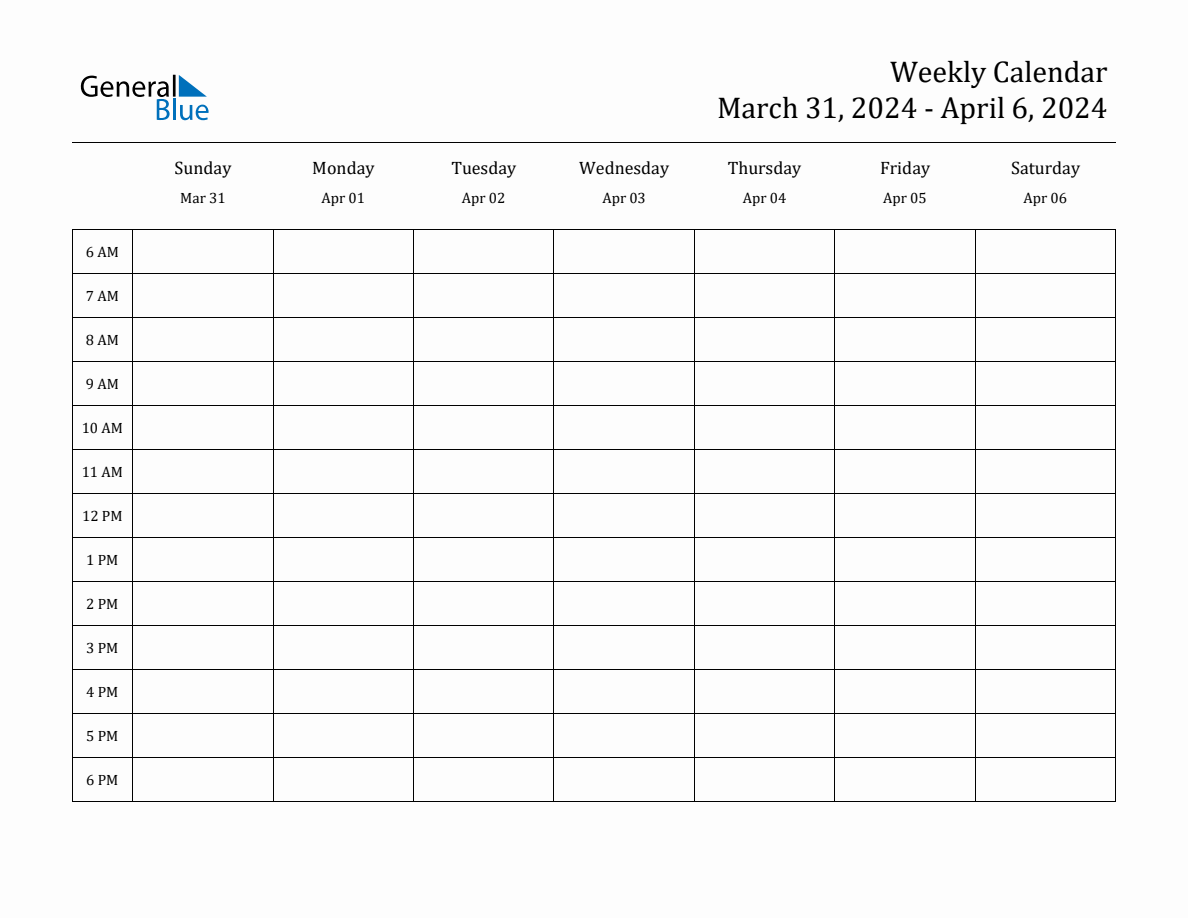 Weekly Calendar March 31, 2024 to April 6, 2024 (PDF, Word, Excel)