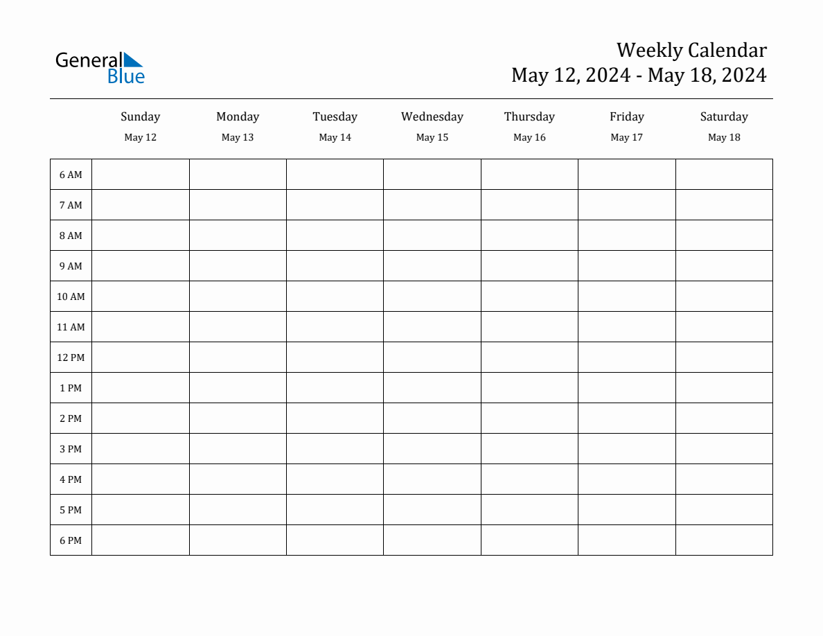 Weekly Calendar May 12, 2024 to May 18, 2024 (PDF, Word, Excel)