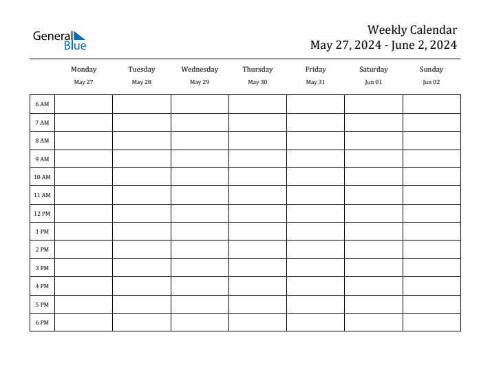 Weekly Calendar with Monday Start for Week 22 (May 27 2024 to June 2