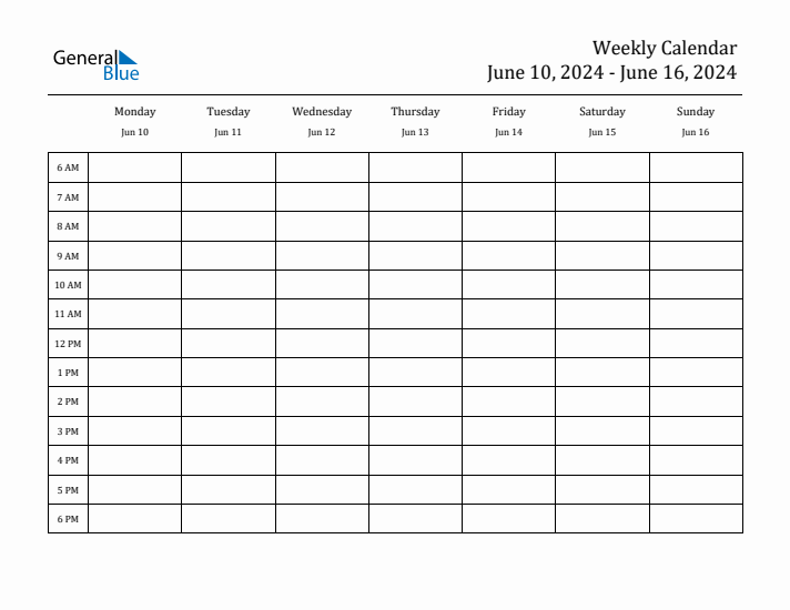 Weekly Calendar with Monday Start for Week 24 (June 10, 2024 to June 16