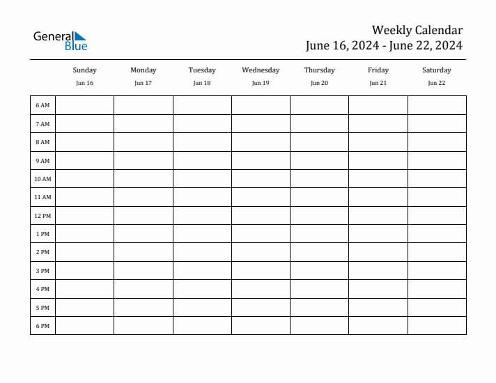 Weekly Calendar June 16, 2024 to June 22, 2024 (PDF, Word, Excel)
