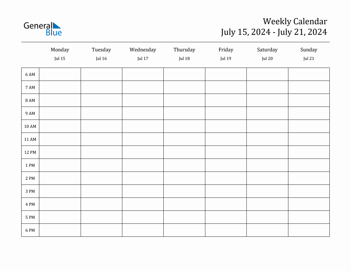 Hourly Planner Template for the Week of July 15, 2024