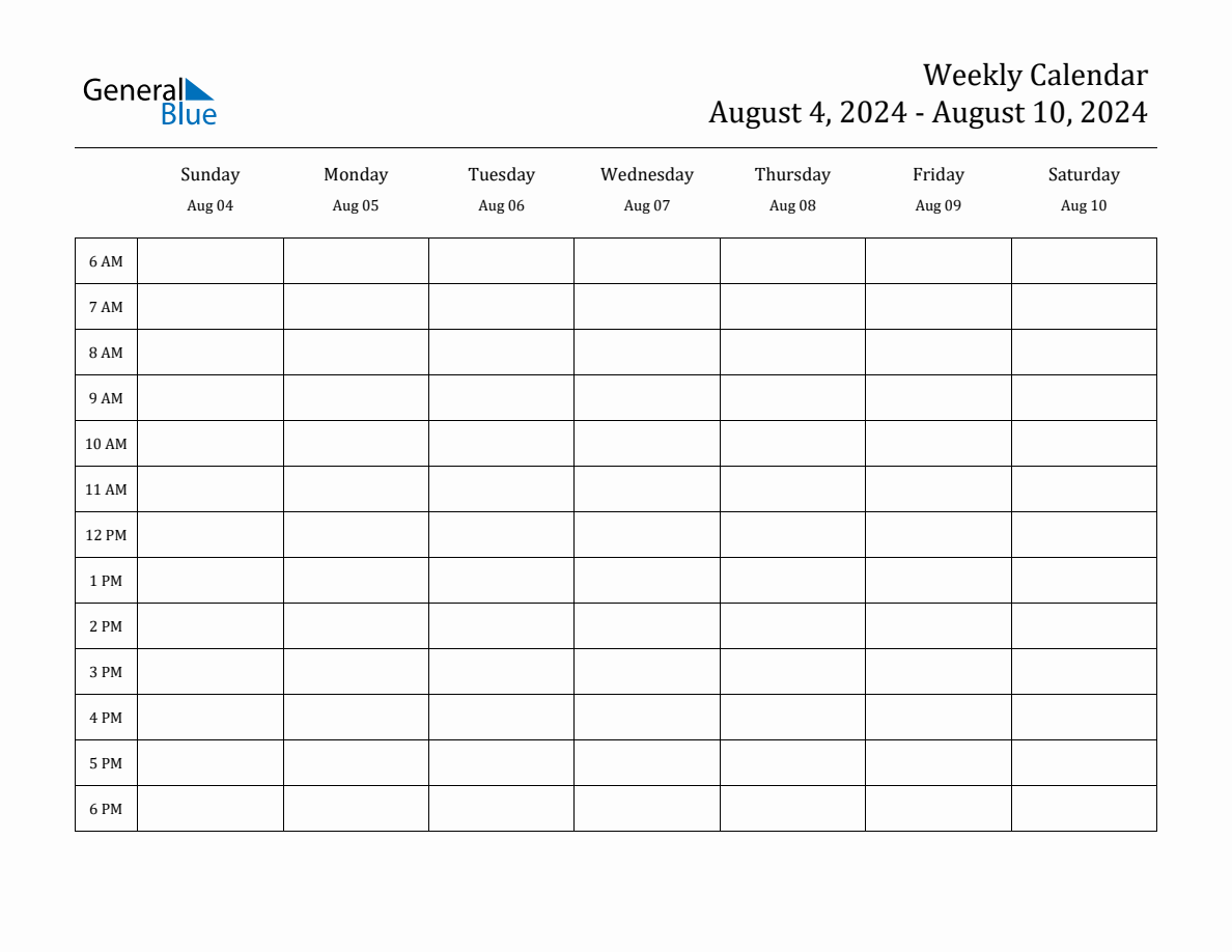 Weekly Calendar August 4, 2024 to August 10, 2024 (PDF, Word, Excel)