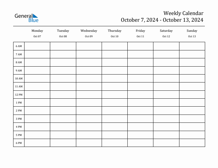 Weekly Calendar with Monday Start for Week 41 (October 7, 2024 to