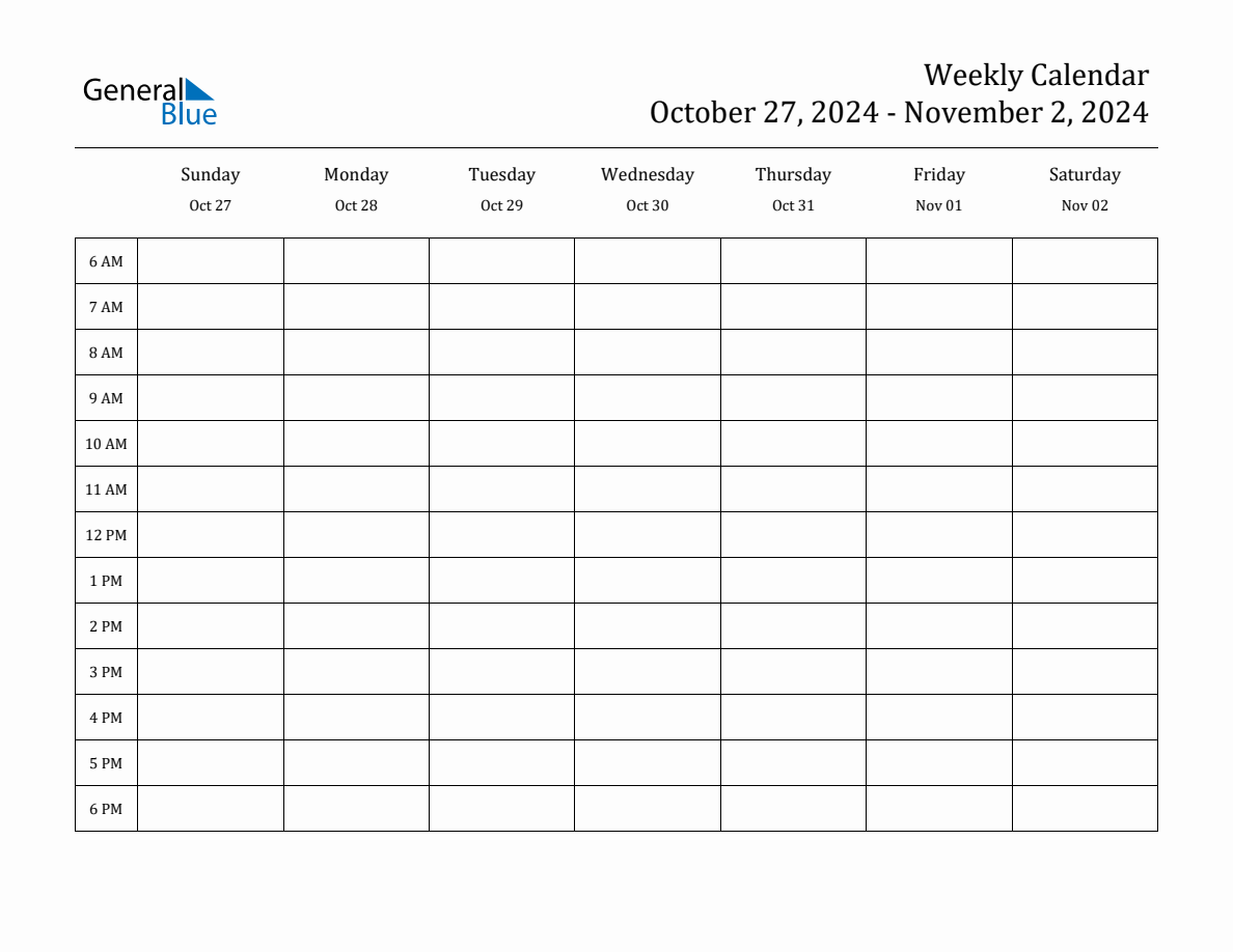 Weekly Calendar October 27, 2024 to November 2, 2024 (PDF, Word, Excel)