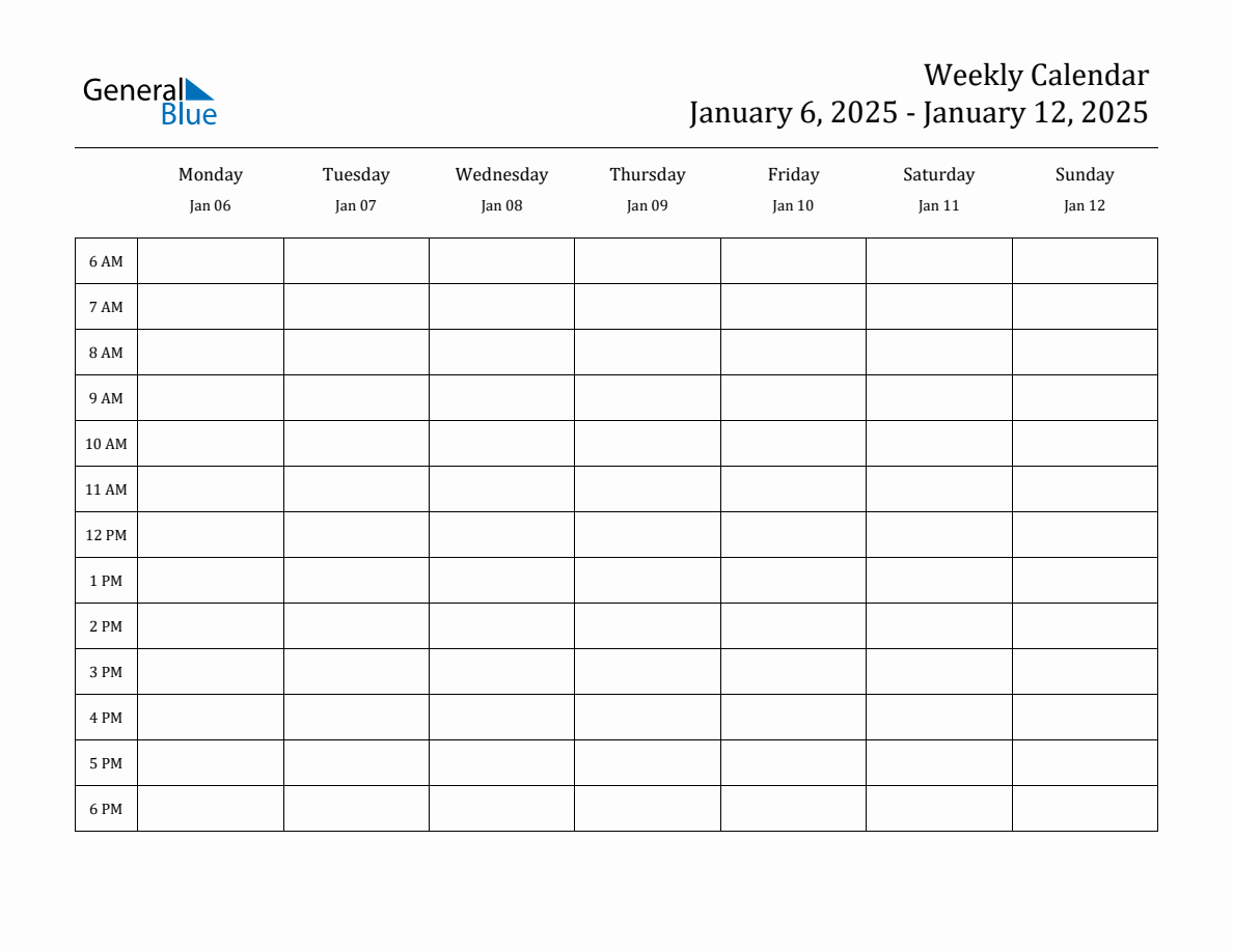 Hourly Planner Template for the Week of January 6, 2025