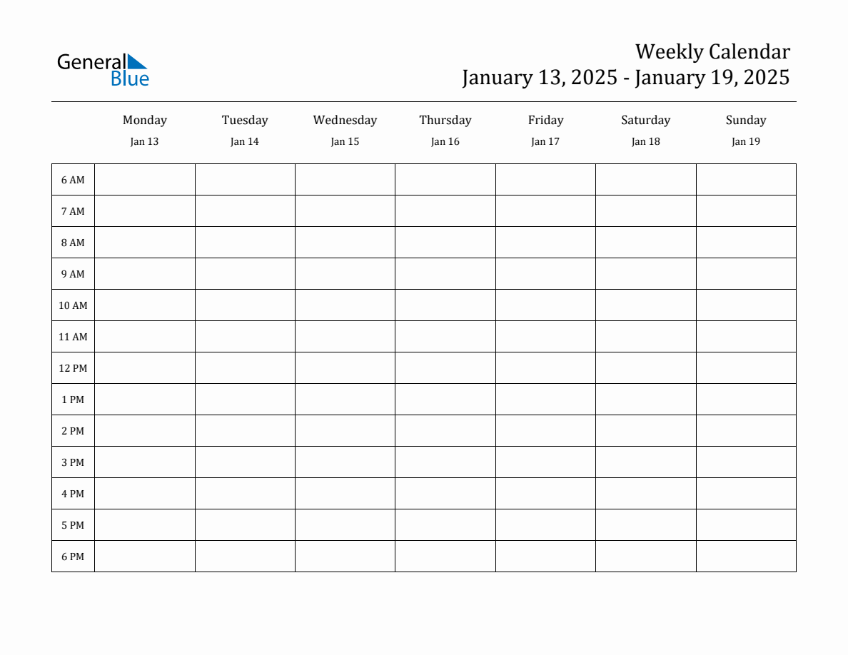 Hourly Planner Template for the Week of January 13, 2025