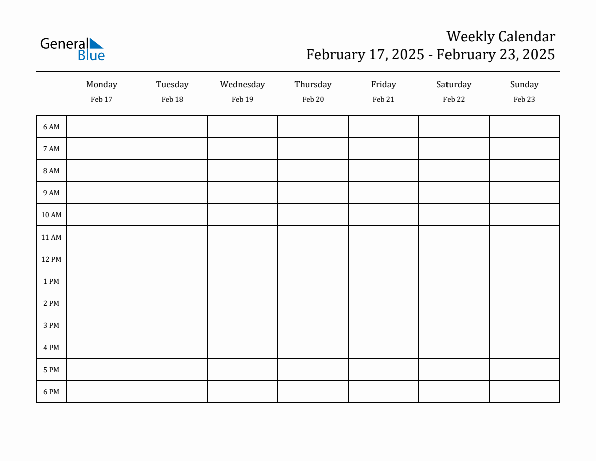 Hourly Planner Template for the Week of February 17, 2025