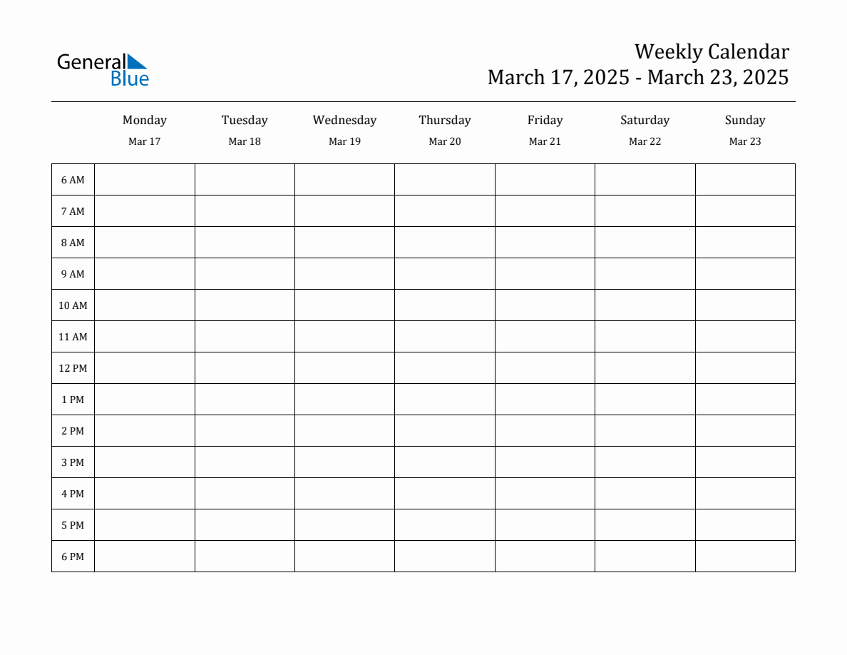 Weekly Calendar March 17, 2025 to March 23, 2025 (PDF, Word, Excel)