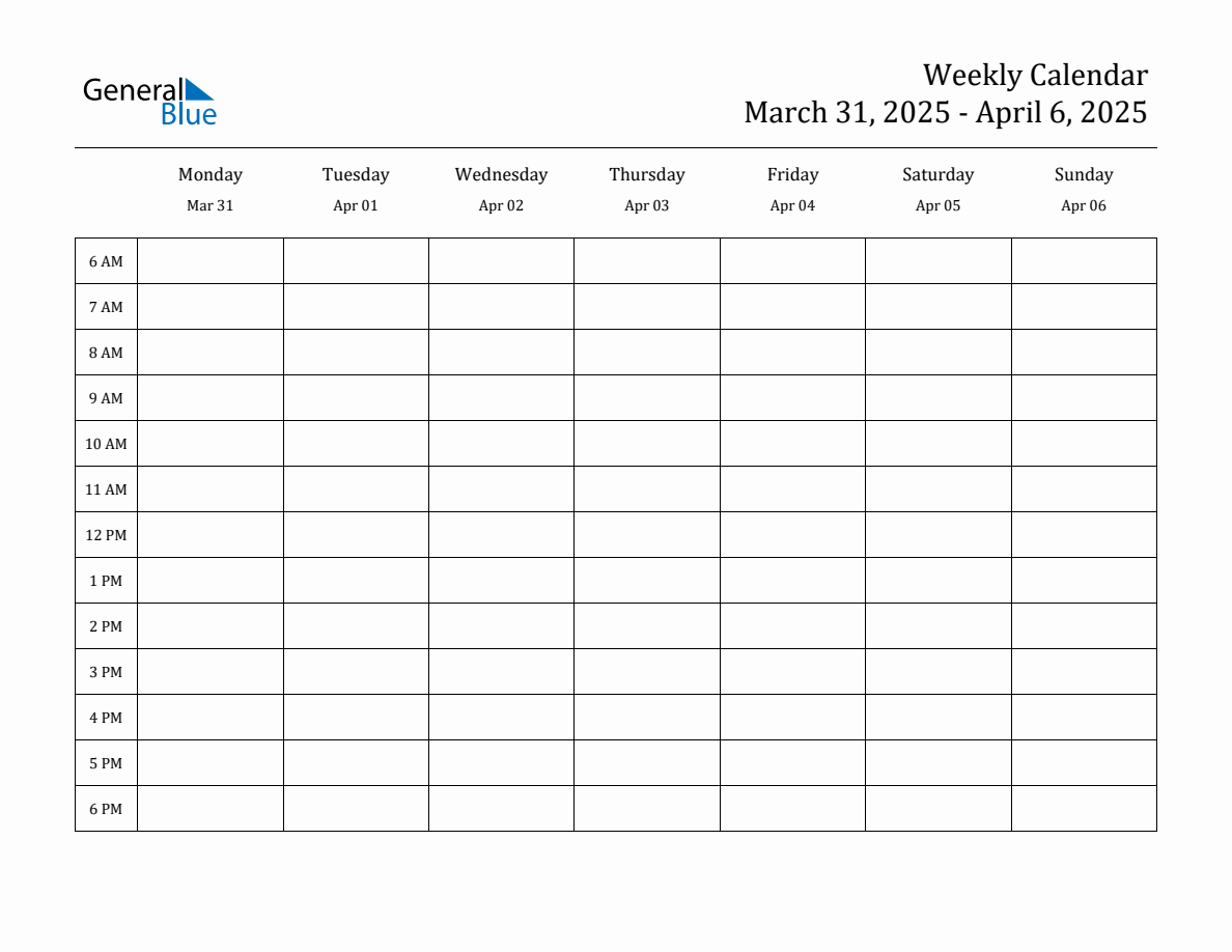 Hourly Planner Template for the Week of March 31, 2025