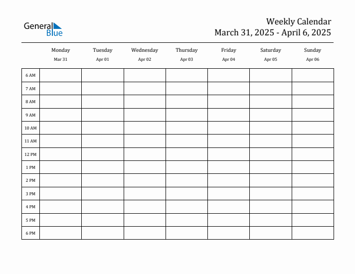Weekly Calendar with Monday Start for Week 14 (March 31, 2025 to April
