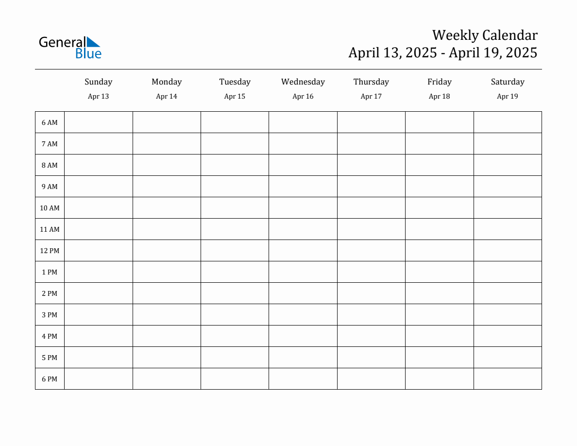 Weekly Calendar April 13, 2025 to April 19, 2025 (PDF, Word, Excel)