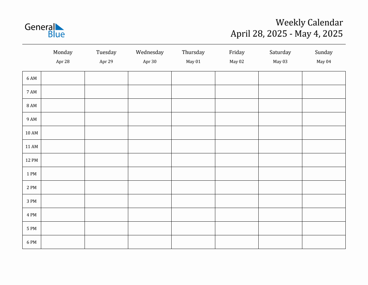 Hourly Planner Template for the Week of April 28, 2025