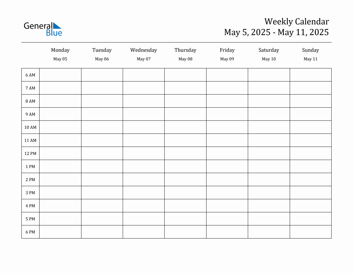 Hourly Planner Template for the Week of May 5, 2025