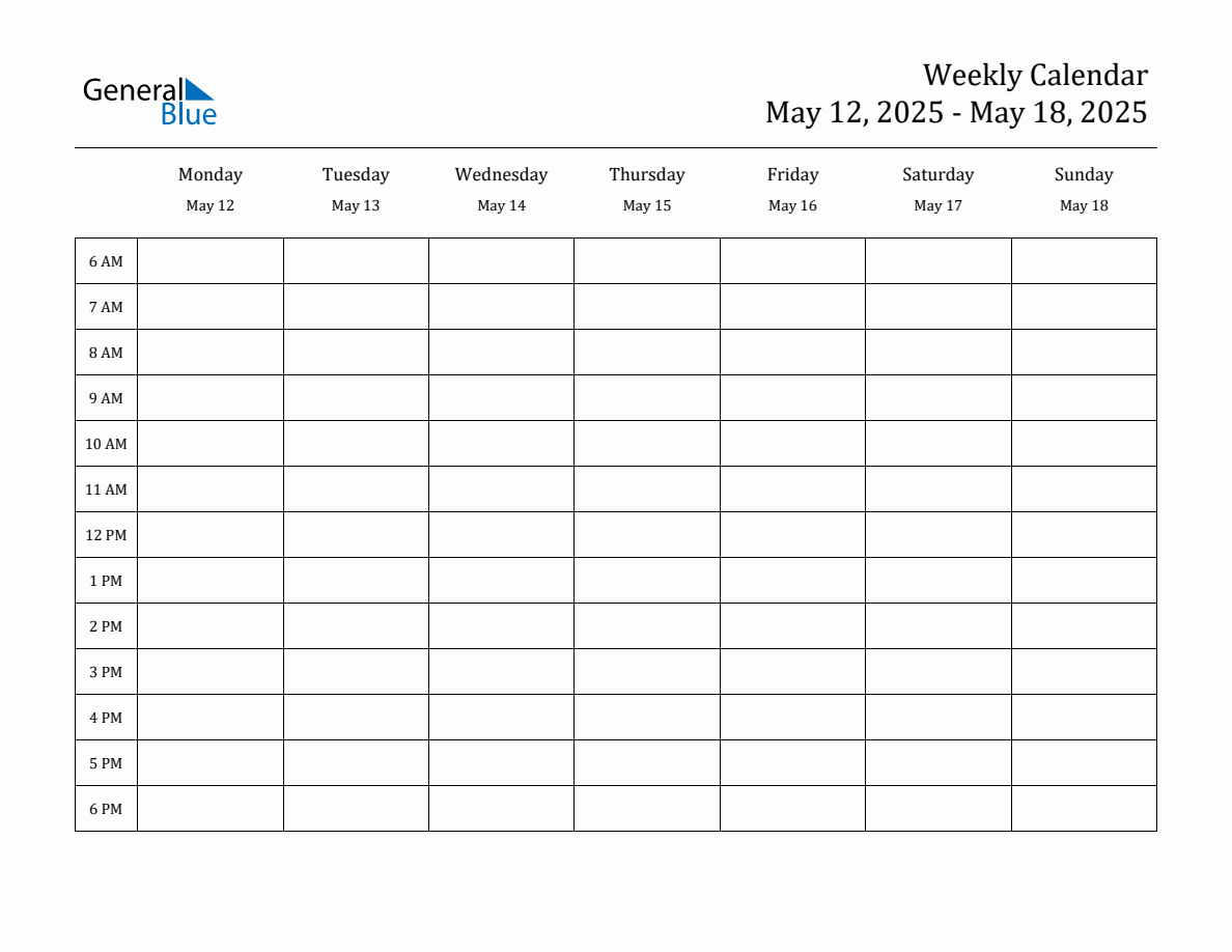 Hourly Planner Template for the Week of May 12, 2025