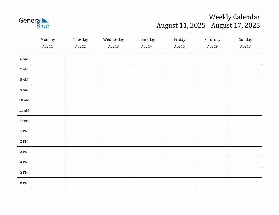 Hourly Planner Template for the Week of August 11, 2025