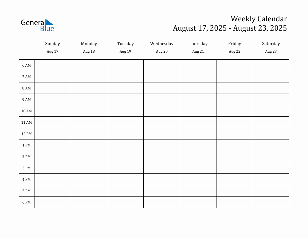 Hourly Planner Template for the Week of August 17, 2025