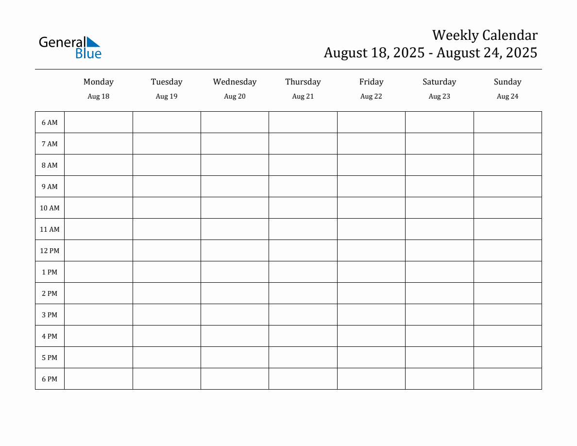 Hourly Planner Template for the Week of August 18, 2025