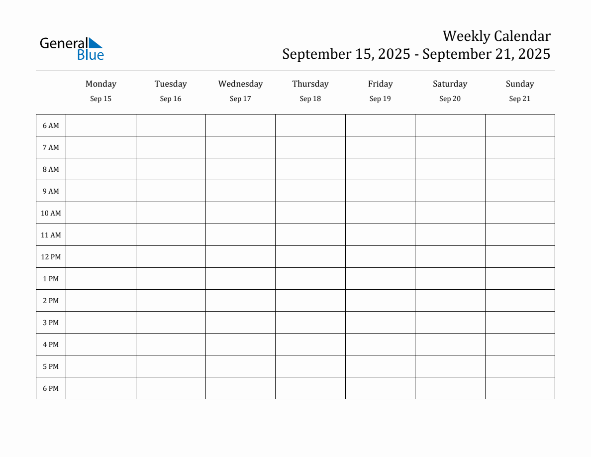 Hourly Planner Template for the Week of September 15, 2025