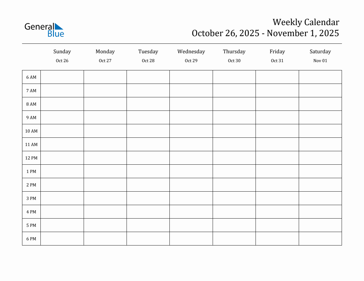 Weekly Calendar October 26, 2025 to November 1, 2025 (PDF, Word, Excel)