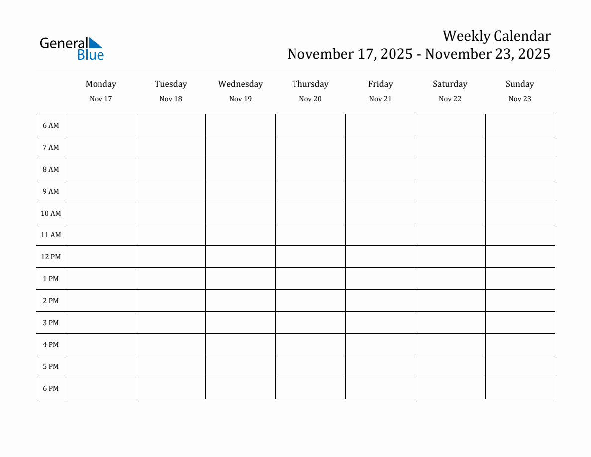 Hourly Planner Template for the Week of November 17, 2025