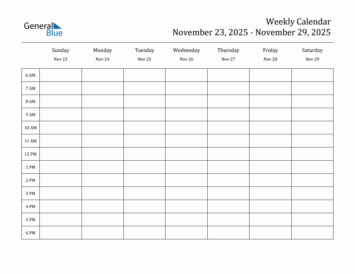 Hourly Planner Template for the Week of November 23, 2025