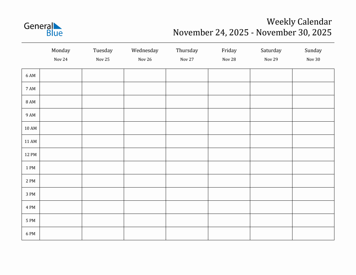 Hourly Planner Template for the Week of November 24, 2025