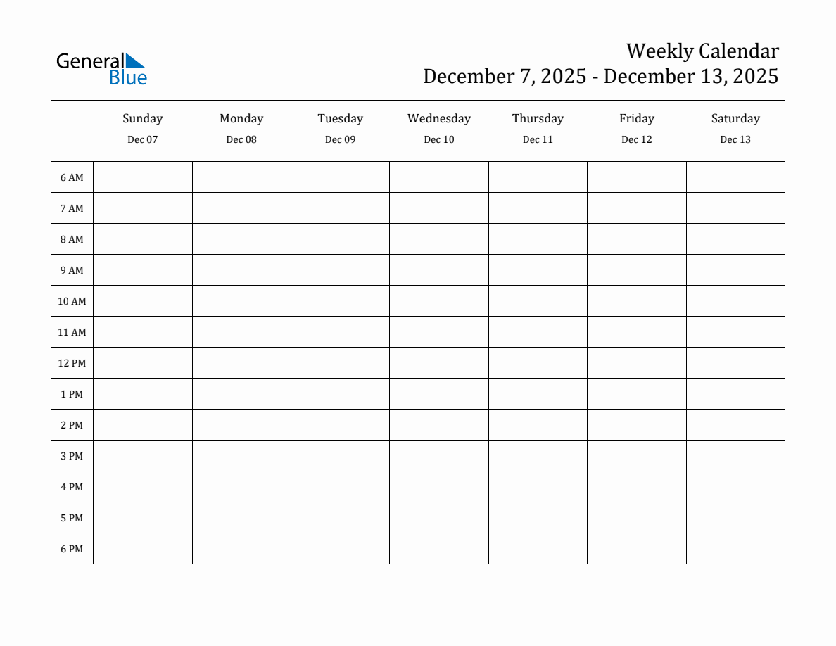 Hourly Planner Template for the Week of December 7, 2025