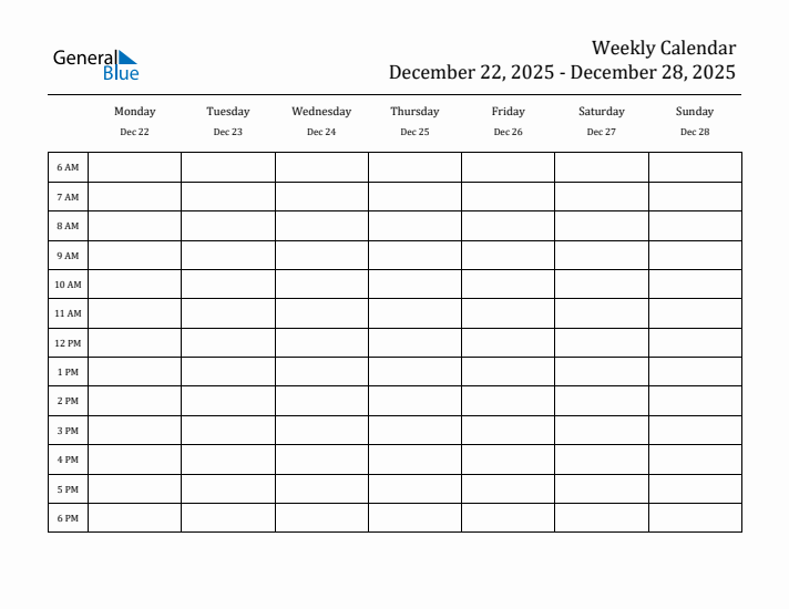 Weekly Calendar with Monday Start for Week 52 (December 22, 2025 to