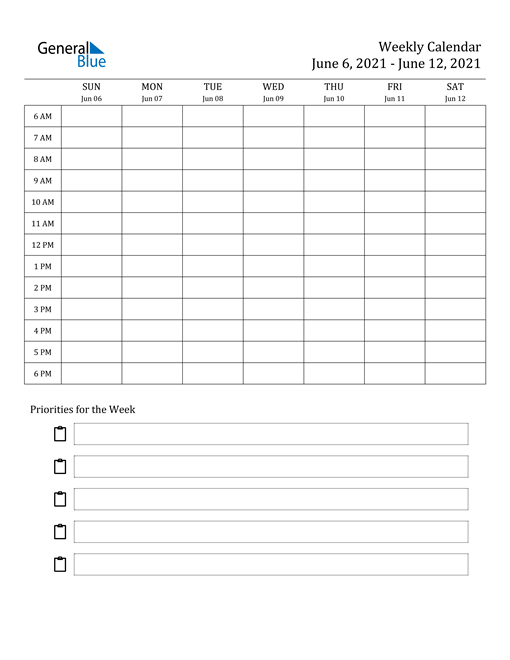 Weekly Calendar June 6 21 To June 12 21 Pdf Word Excel