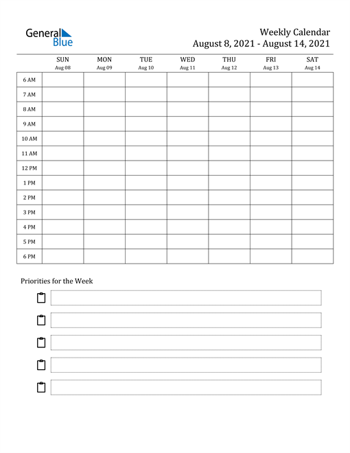 Weekly Calendar August 8 2021 To August 14 2021 Pdf Word Excel