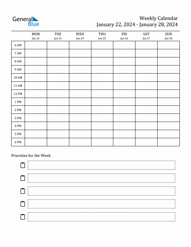 Hourly Schedule Template for the Week of January 22, 2024