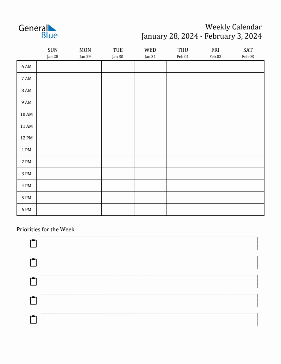 Hourly Schedule Template for the Week of January 28, 2024