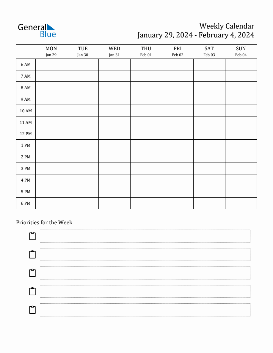 Hourly Schedule Template for the Week of January 29, 2024