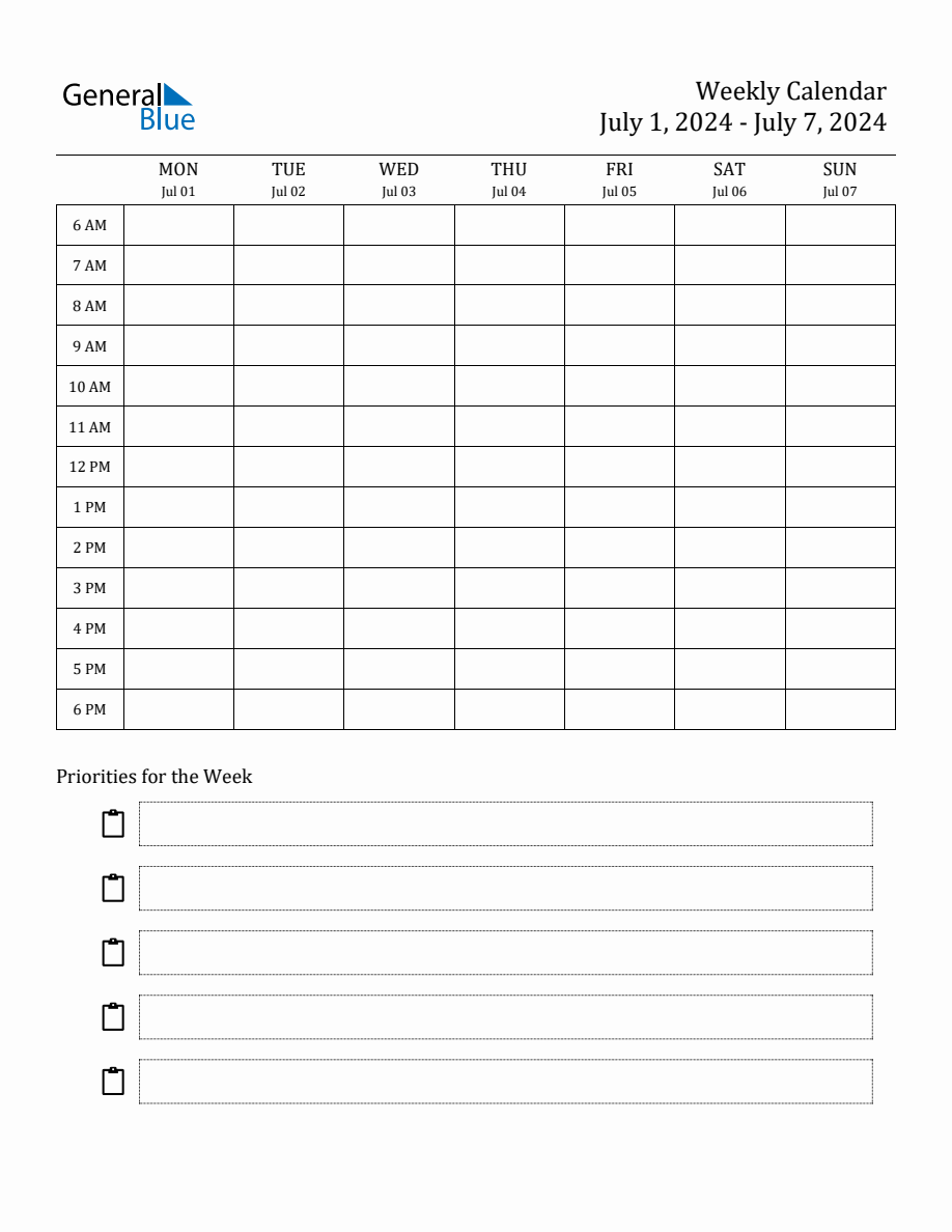 Hourly Schedule Template for the Week of July 1, 2024